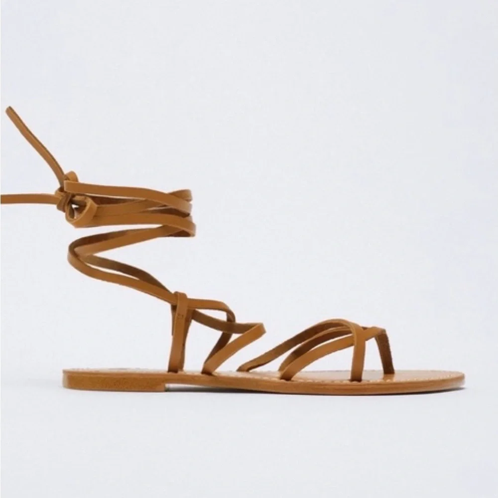 Zara Lace Up Tie Flat Tan Brown Leather Boho Gladiator Sandals size 7 - Picture 2 of 6